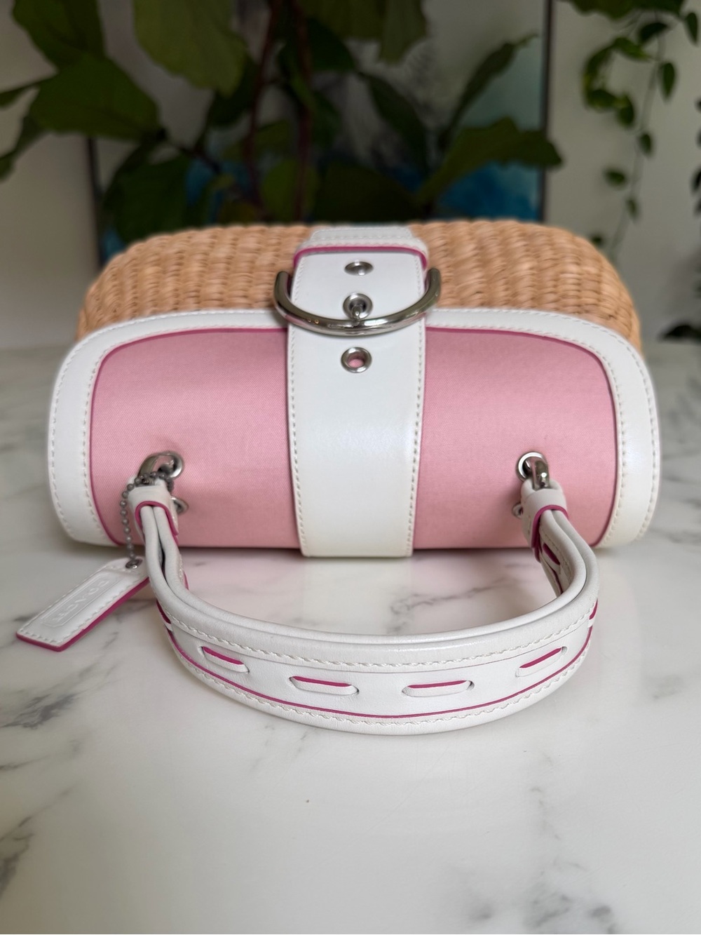 Coach Vintage Y2K Soho Straw Top Handle Basket Satchel Bag 6272 Pink White - Picture 13 of 16